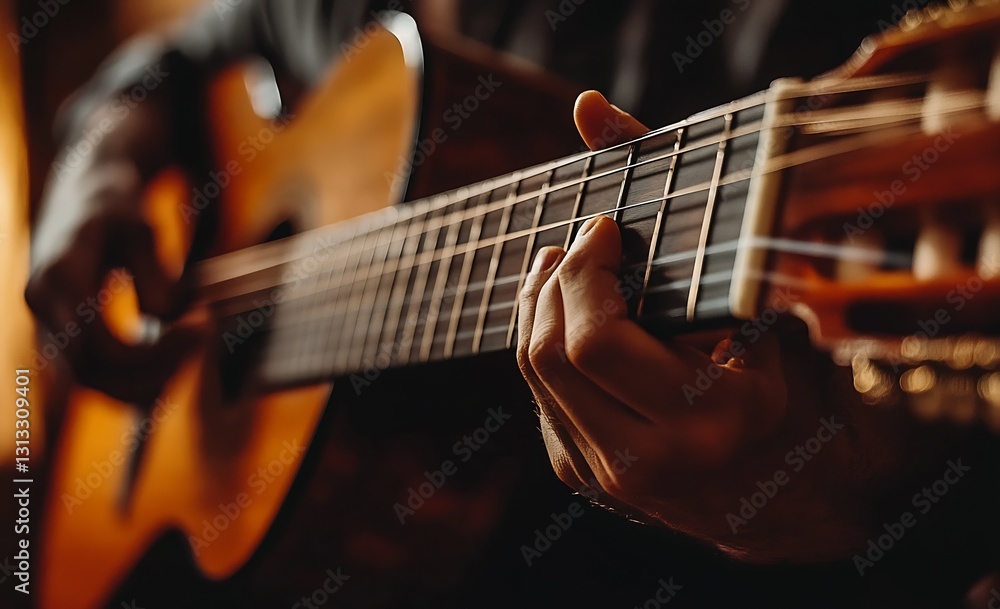 Aufkleber Closeup of a person playing an acoustic guitar with a focus on the hand and strings creating beautiful melodies : Generative AI