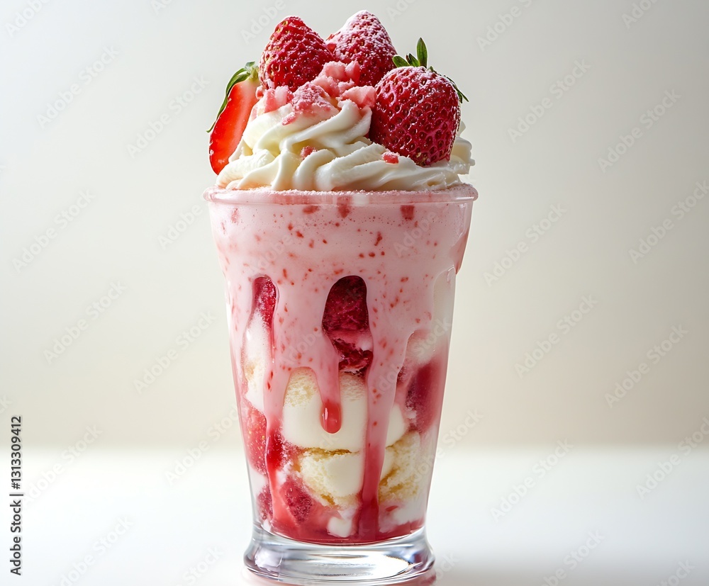 Poster irresistible strawberry sundae served in a glass filled with layers of ice cream and strawberry sauc