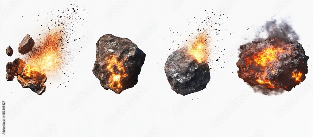 Poster Dynamic explosion sequence showcasing rocks creatively bursting apart with fire and smoke : Generative AI