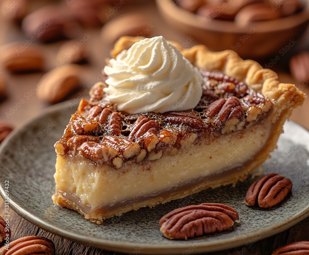 Aufkleber Irresistible Slice of Pecan Pie with Cream Topping and Crushed Nuts Served on a Rustic Plate : Generative AI