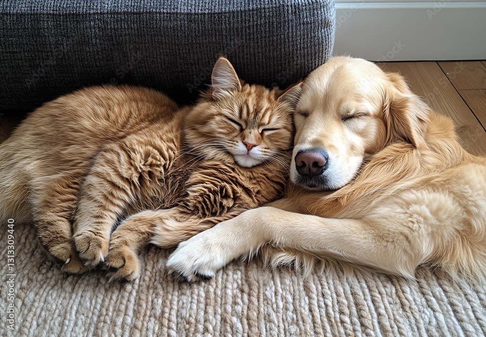 Poster charming golden retriever dog and fluffy orange cat cuddling together on a soft carpet : generative 