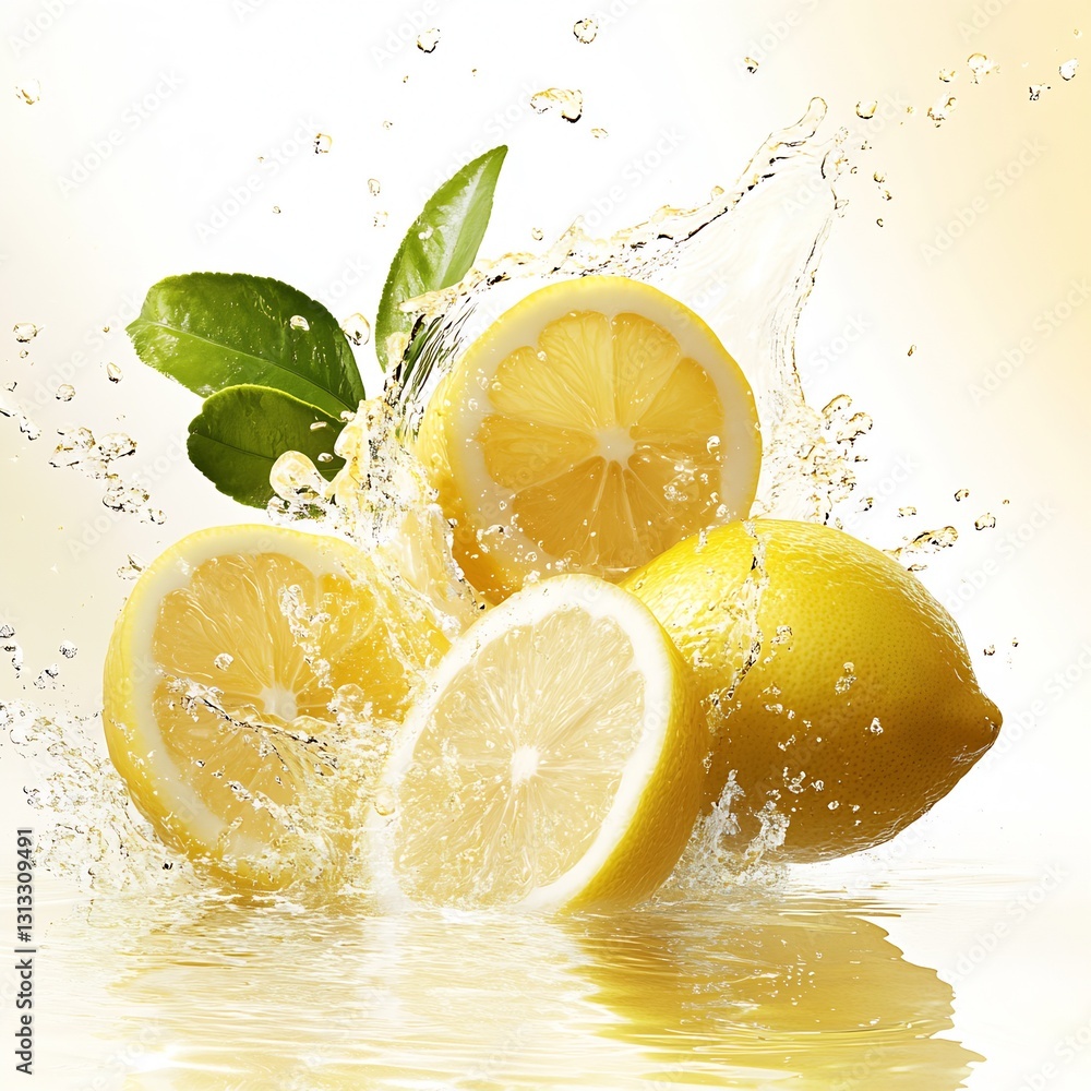 Poster Citrus Lemons with Leaves Surrounded by Splashing Water for a Fresh Look : Generative AI