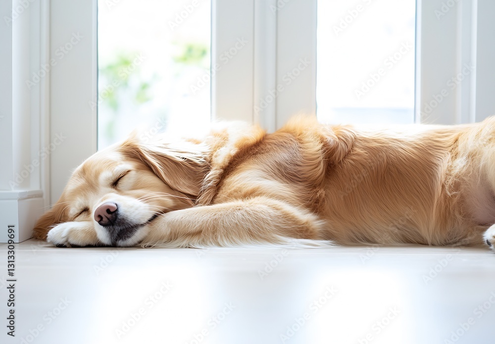 Poster Golden retriever napping comfortably on floor with sunlight filtering through windows : Generative AI