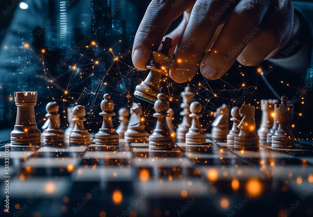 Poster strategic game of chess with a hand moving a piece amidst a futuristic digital environment : generat