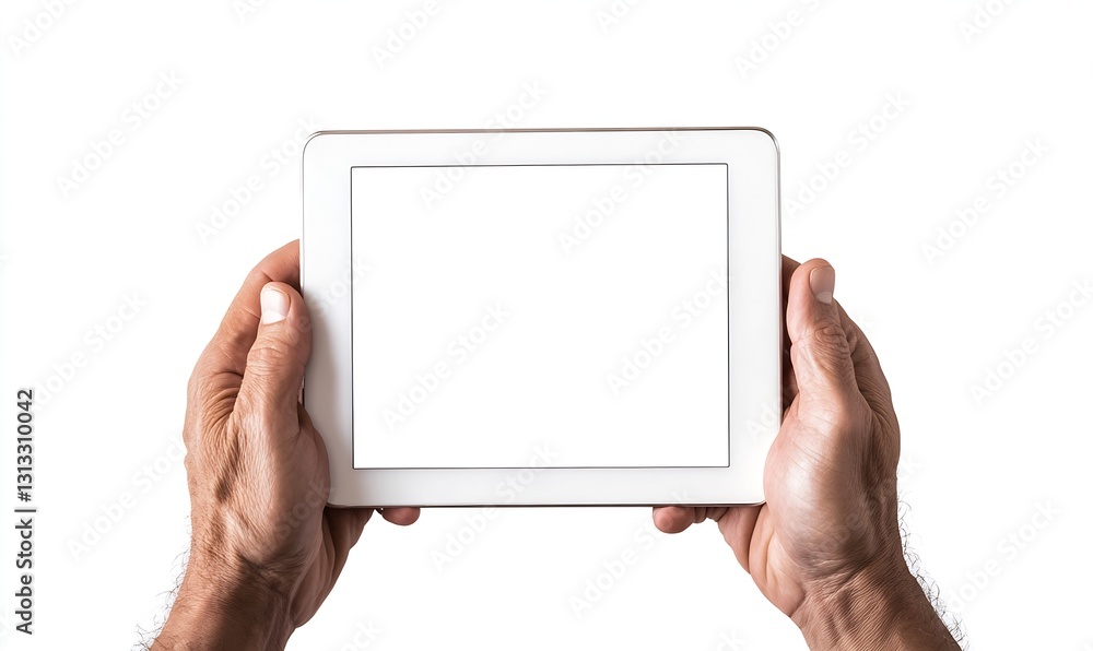 Poster Hands Holding a Blank Digital Tablet on a White Background Displaying Empty Screen : Generative AI