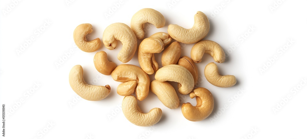Poster a group of raw cashew nuts arranged creatively on a plain background ready for sale or consumption :