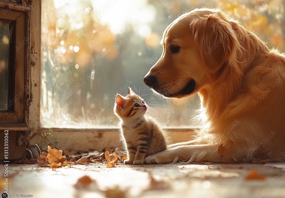 Aufkleber golden retriever and cute kitten bonding in warm light by the window with autumn leaves : generative