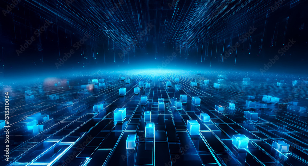 Leinwandbilder A futuristic, abstract background with luminous blue cubes and lines creating a digital landscape. Dynamic perspective and illuminated flow.