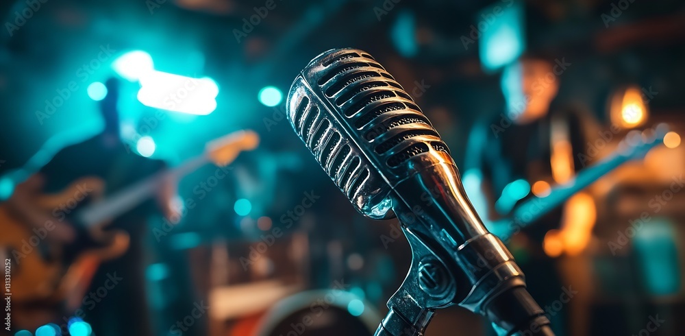 Poster Dynamic CloseUp Of A Microphone In A Lively Music Scene With A Band Performing In The Background : Generative AI