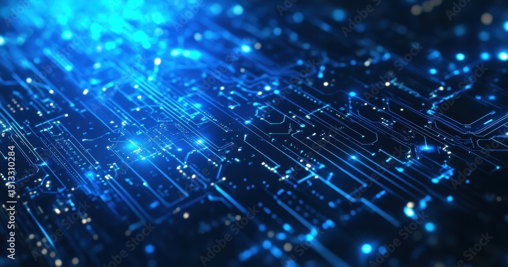 Poster abstract digital blue circuit board background with glowing lights and highlighted connections for t