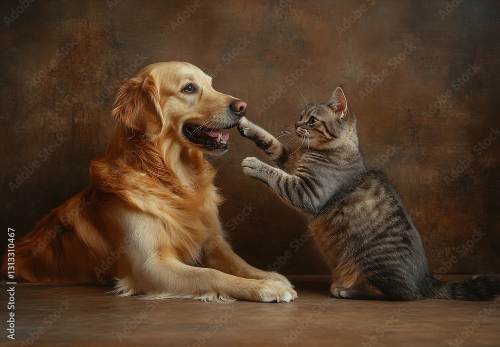 Poster Playful interaction between a golden retriever and a tabby cat in a cozy setting : Generative AI