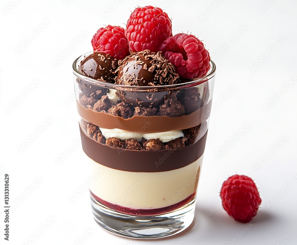 Poster delicious layered dessert in a glass featuring chocolate cream raspberry and crunchy biscuit : gener