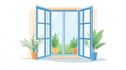 Open window with plants, displaying a garden view.