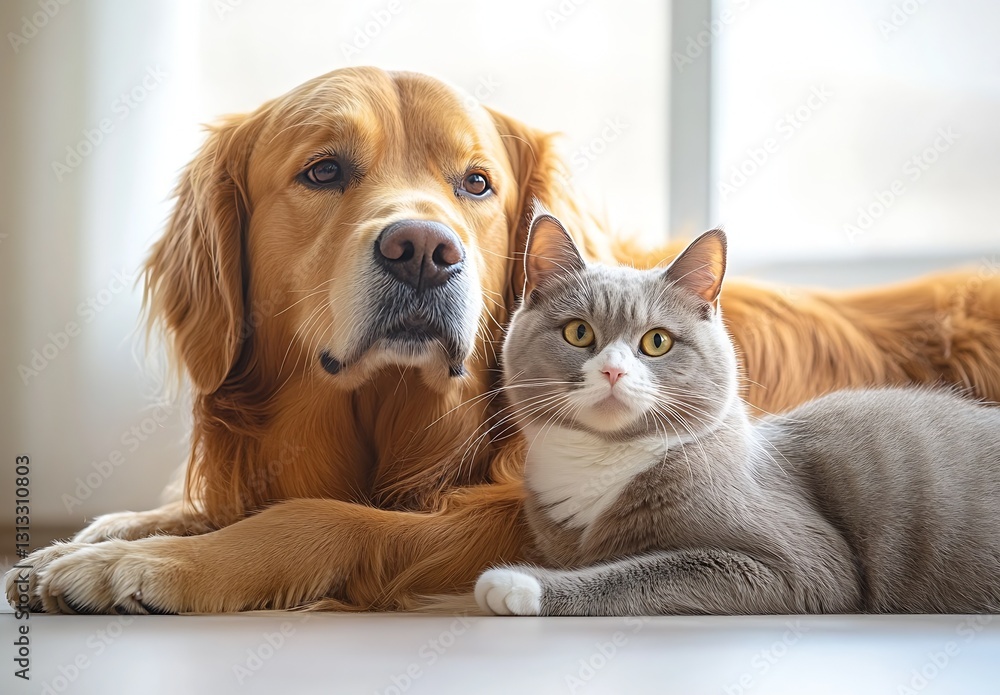 Poster Golden retriever and playful gray cat posed together with affectionate expressions in a bright room : Generative AI