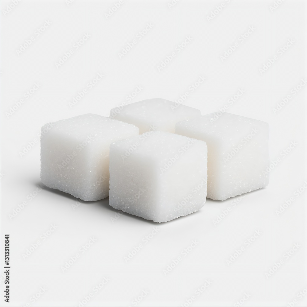 Poster Four sugar cubes meticulously placed on a white background showing their textures and shapes : Generative AI