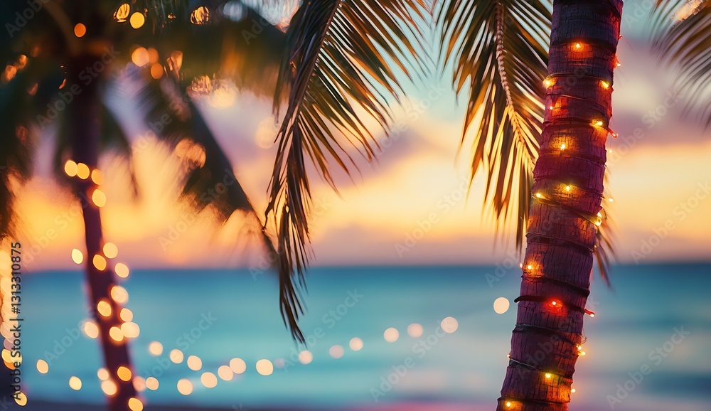 Poster tropical sunset view with palm trees adorned with colorful lights beside a calm beach : generative a