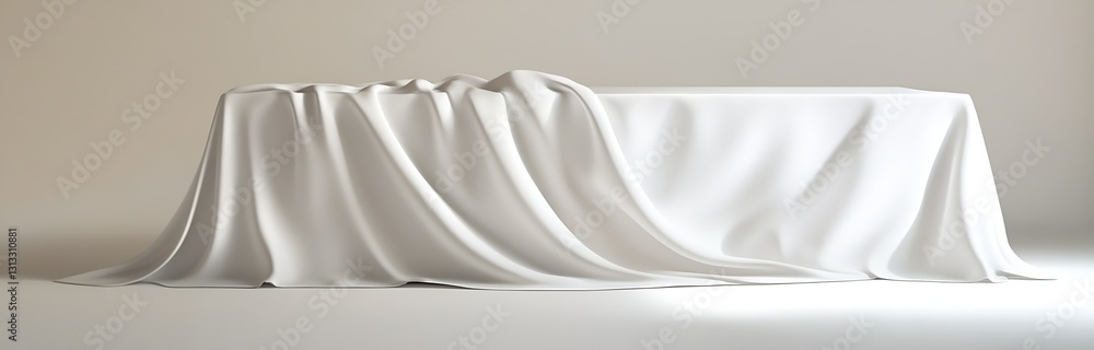 Poster elegant draped white tablecloth over a smooth surface creating a minimalist and modern aesthetic : g