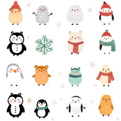 A set of cute winter animals in a whimsical style capturing the essence of a cozy and playful winter wonderland scene