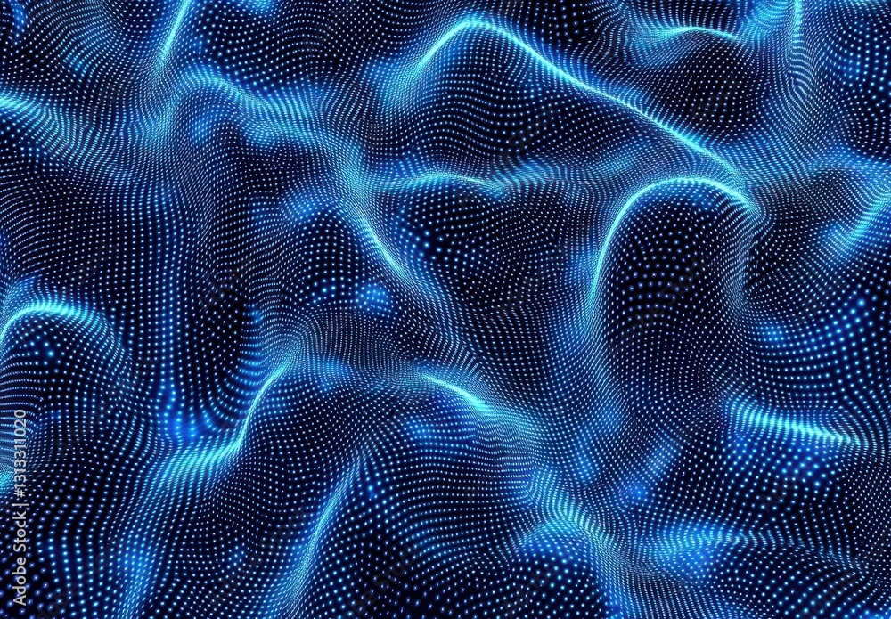 Poster abstract digital wave pattern in vibrant blue colors with glowing dots, representing technology, mov