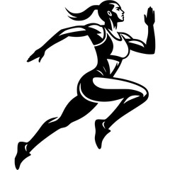 Sport emblem of female athlete runs as fast as she can in monochrome. Engraving minimalistic vector in black ink drawing on transparent background