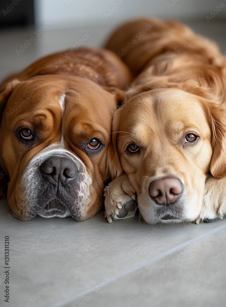 Poster two lovable dogs with unique markings resting together on a stylish sofa indoors : generative ai