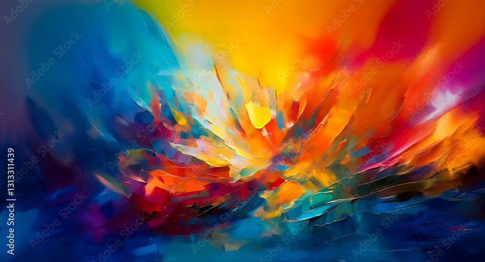 Fototapete Colorful abstract background with dynamic brushstrokes. Vivid hues blend in a splash of artistic expression creating an energetic and modern visual texture.