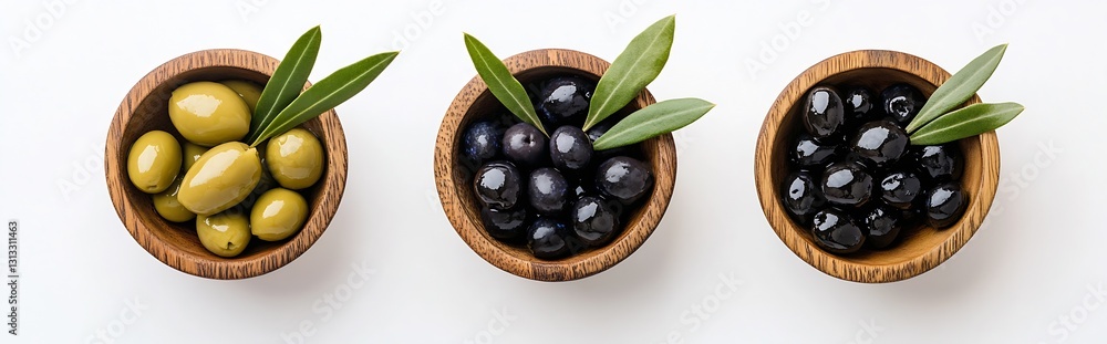 Poster three wooden bowls filled with assorted olives highlighting different varieties and natural elements