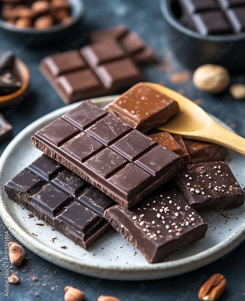 Poster various types of gourmet chocolate bars arranged on a plate with nuts and cocoa : generative ai