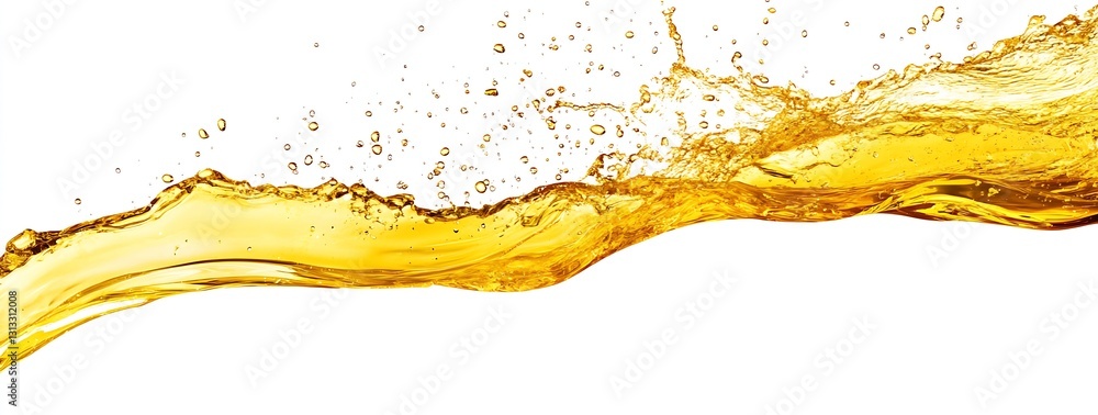 Poster dynamic splash of golden liquid creating vibrant waves and droplets on a white background : generati