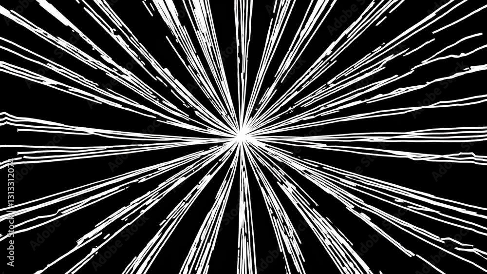 Poster dynamic abstract video with white lines radiating from a central point on a black background, captur