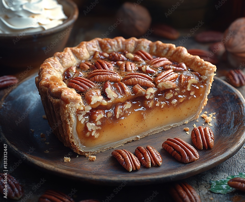 Poster heavenly pecan pie with a golden crust and rich filling styled on a dark plate : generative ai