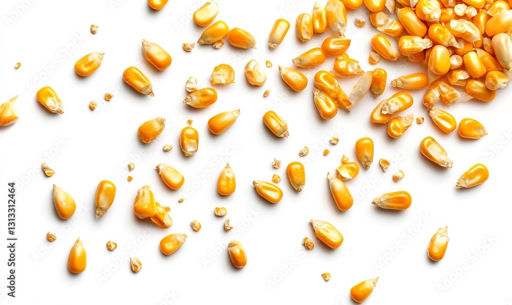 Aufkleber Scattered Yellow Corn Kernels on a White Surface Abstracting Nature's Bounty : Generative AI