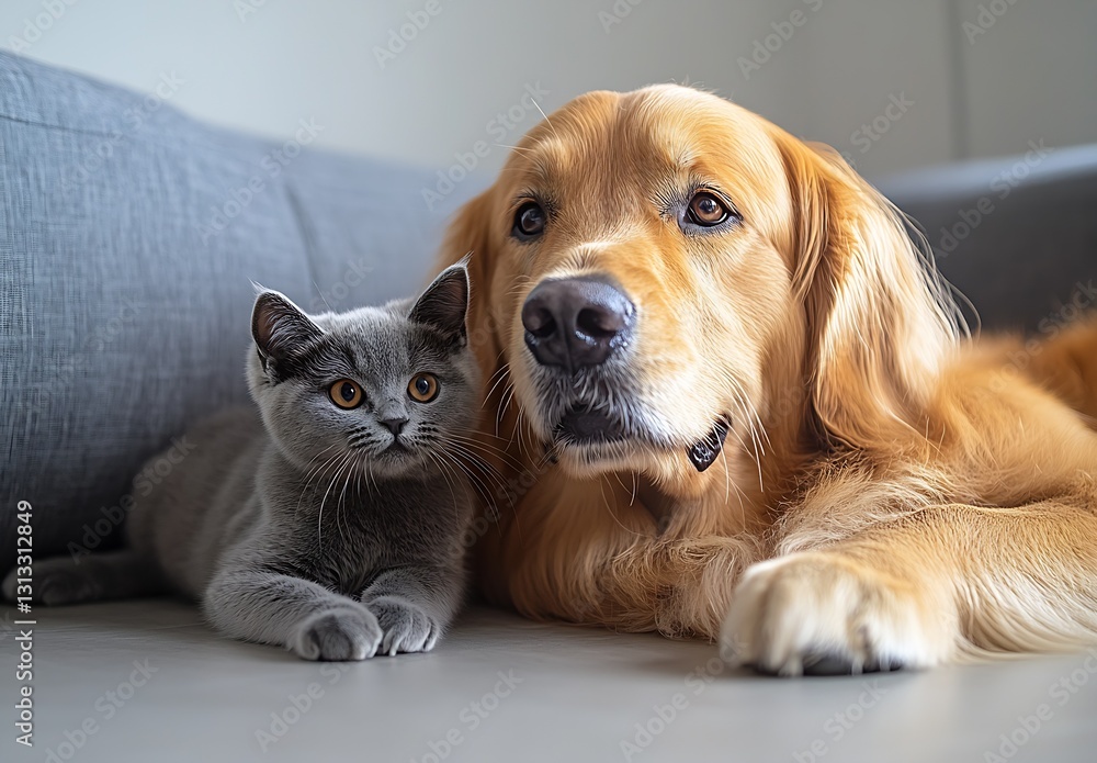 Aufkleber golden retriever and grey cat relaxing together on a couch in a welllit room : generative ai