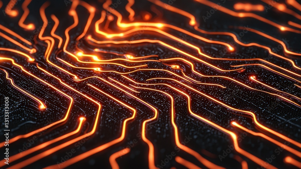 Poster a close-up view of glowing circuit patterns, showcasing intricate designs in a dark, high-tech envir