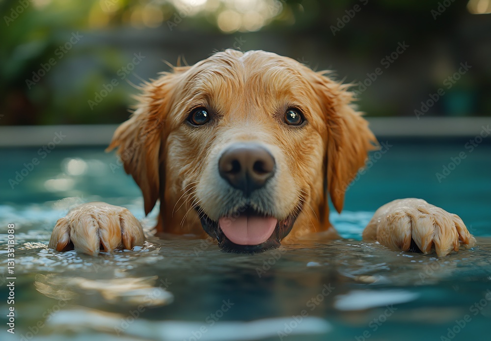 Poster happy golden retriever swimming in crystal clear pool water with playful expression on its face : ge