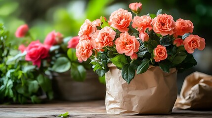 Orange roses in paper pot sit on table; blurred greenery background, used for design