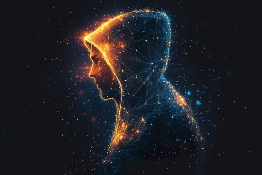 The abstract image presents a figure wearing a hooded garment
