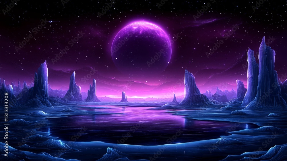 Poster surreal alien worldscape with lunar reflections in a dreamlike fantasy environment creating an ether