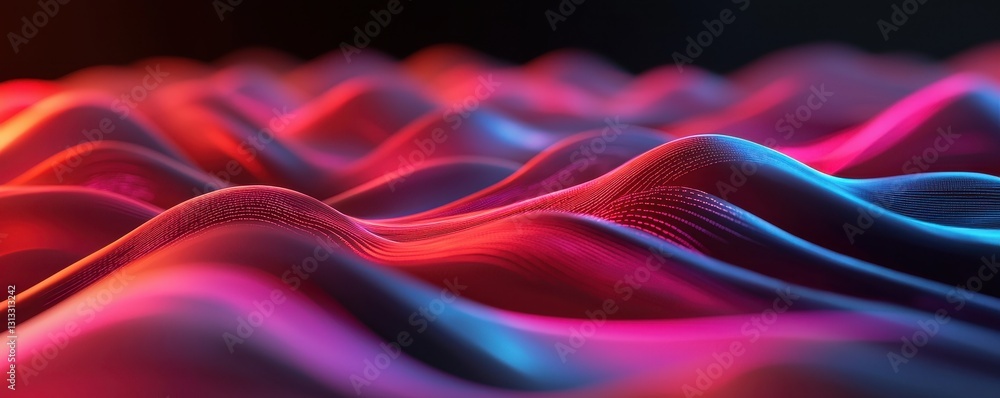 Poster a vibrant, abstract landscape of flowing waves with glowing colors, creating a dynamic and visually 