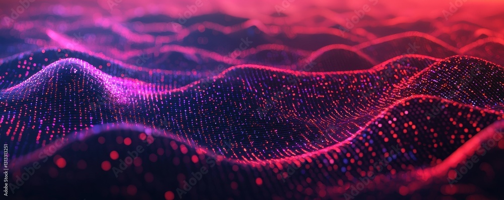 Poster an abstract digital landscape featuring waves of vibrant red and purple tones, creating a mesmerizin
