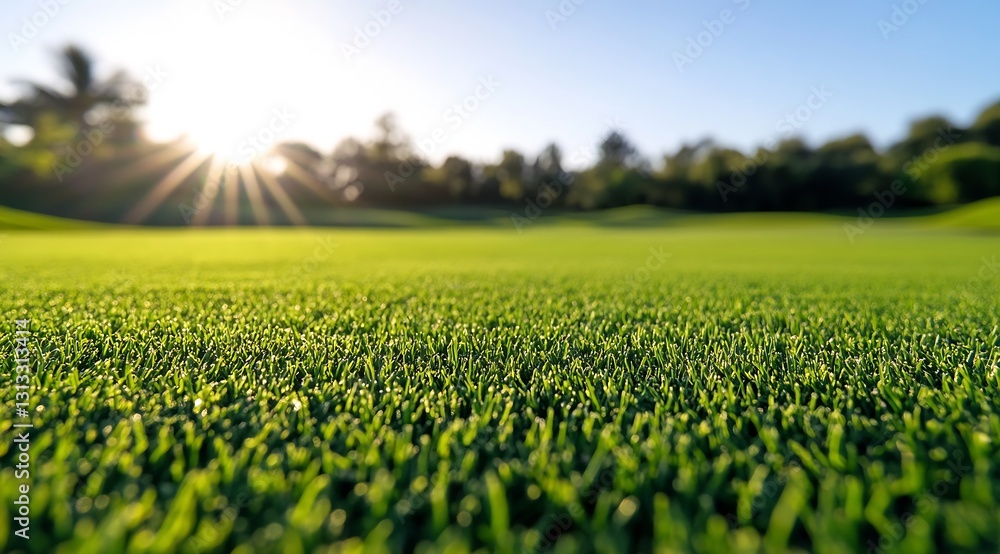 Poster vibrant green grass under bright sunlight at a golf course creating a serene and peaceful landscape 