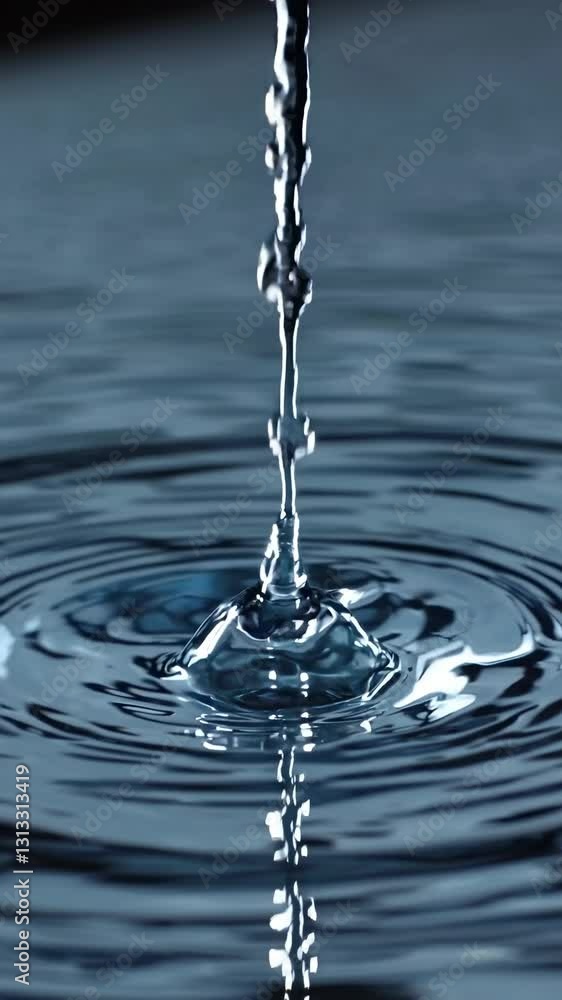 Poster close-up video of water droplets creating ripples on a calm surface, captured from a low angle, emph
