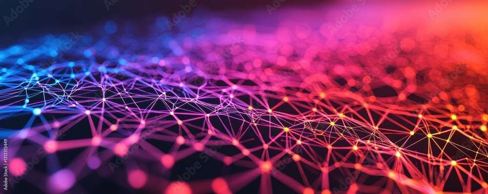 Poster a vibrant, abstract representation of interconnected nodes and lines, showcasing a digital network i