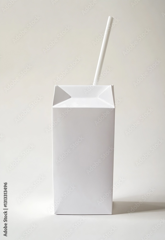 Poster simple and elegant white carton of milk with a straw against a neutral background emphasizing minima