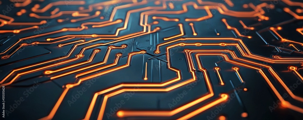 Poster a close-up view of a circuit board featuring intricate pathways illuminated in orange against a dark
