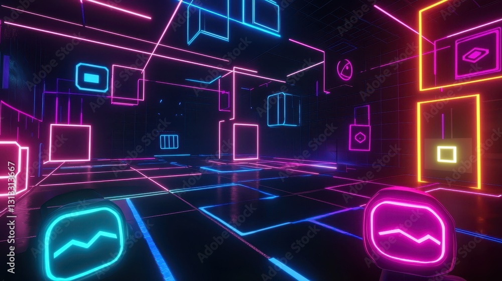 Poster futuristic neon grid in a virtual space with bright color patterns