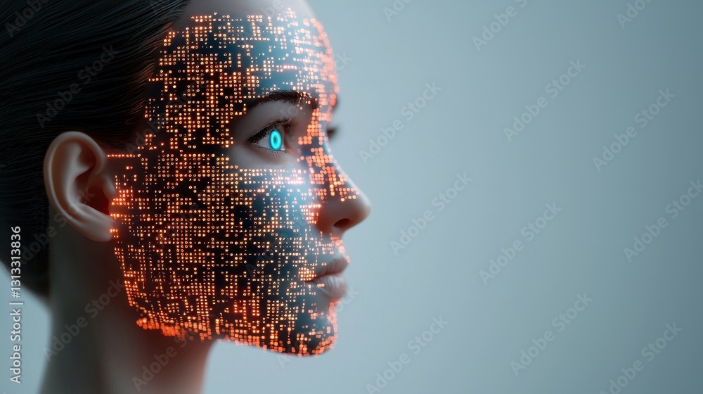 Poster a futuristic depiction of a face with a digital, glowing circuit pattern, symbolizing the intersecti
