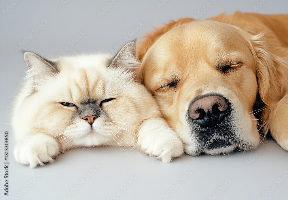 Poster charming scene of a fluffy cat and a golden retriever sleeping closely together in harmony : generat