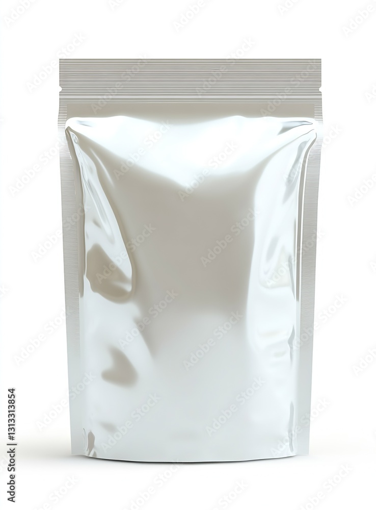Poster Reflective silver packaging pouch standing upright against a white backdrop emphasizing sleek design and versatility : Generative AI