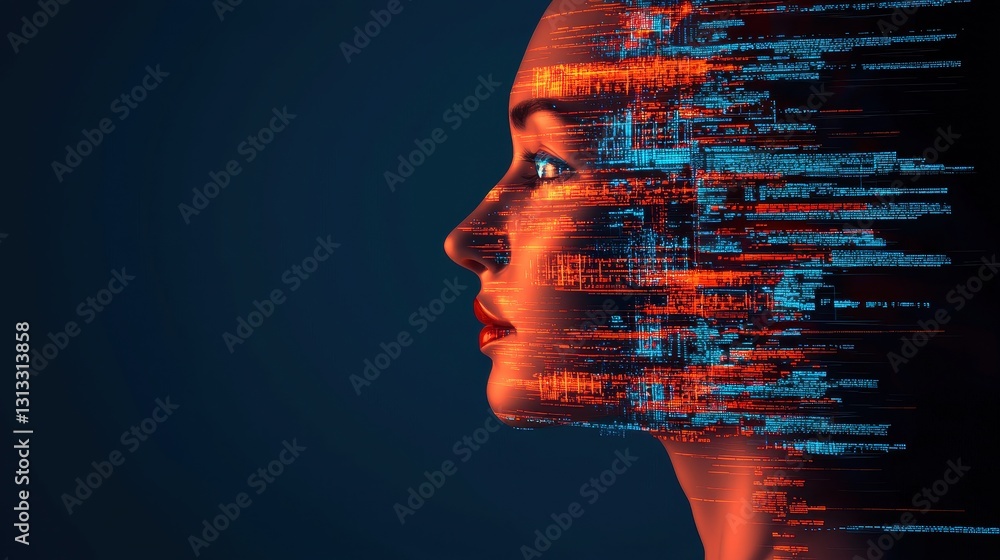 Aufkleber a digital portrait blending a woman's profile with flowing data patterns, symbolizing the intersecti